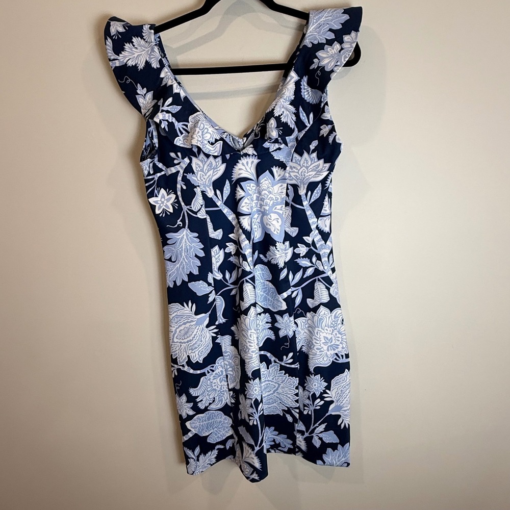 Gretchen Scott Navy Blue Floral Flutter Sleeve V Neck Dress Size‎ S - Picture 2 of 6